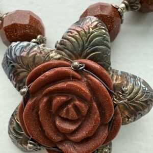 Elegant Rose and Leaf Necklace in Copper and Silver